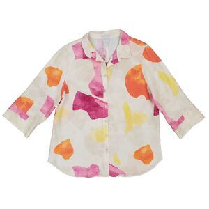 Chicos No Iron Linen Button Down Shirt Boho Artsy Art to Wear Size 12 (2)